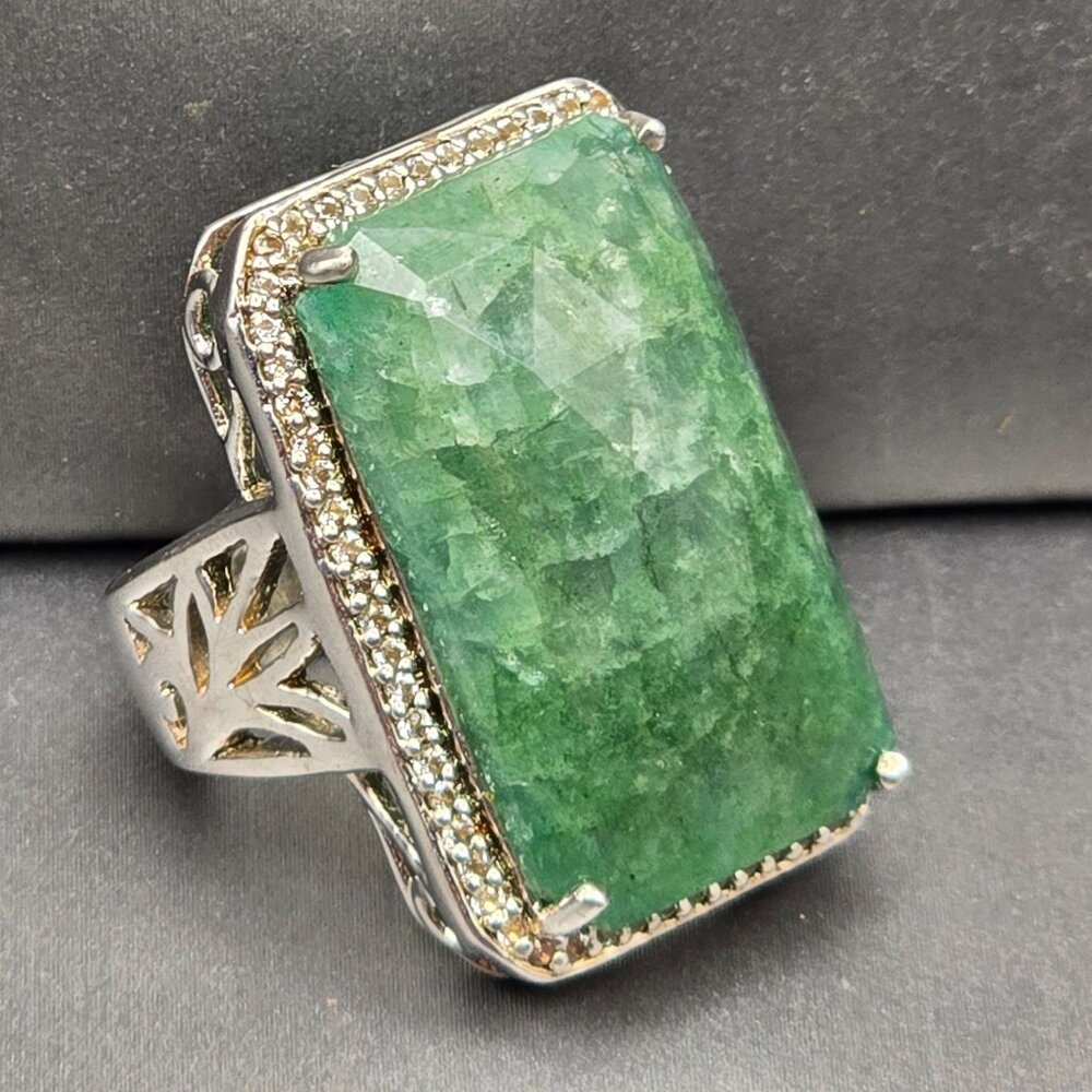 Green Rectangular tourmaline Halo Statement Ring